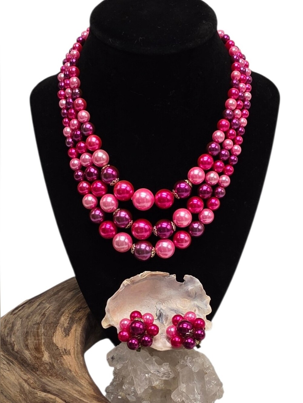 Vintage 1950s Japan Pink Faux Pearl 3 Strand Necklace Earrings Demi Parure 18"